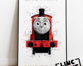 Thomas and Friends Print 'JAMES' Splash Style Watercolour Art, Character Print, Kids Bedroom, Home Decor, Childrens Poster A5, A4 & A3 Sizes