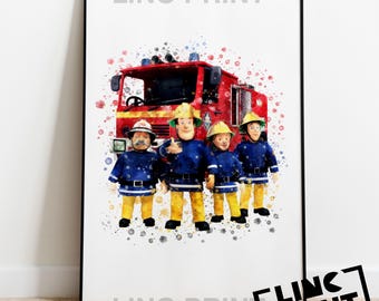 Fireman Sam Print 'CREW WITH JUPITER' character Splash Style Watercolour Art, Home Decor, Poster, A5, A4 & A3 Sizes