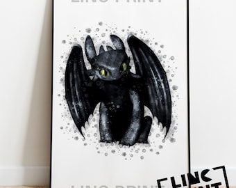 How To Train Your Dragon Print 'TOOTHLESS' Watercolour Splash Art, Cartoon Characters Poster, decor, Available in A5 A4 & A3 Sizes