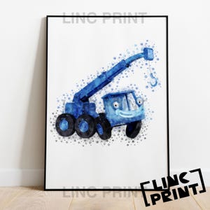 May include: A framed print with a blue watercolour illustration of a cartoon crane truck. The truck has a smiling face and large black wheels. The background is white with blue watercolour splatters. The text "LINC PRINT" is visible.