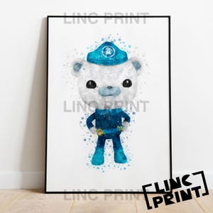 May include: A framed watercolour print featuring a cartoon bear character in a blue uniform and hat. The bear is white with black eyes and a blue nose. The print is in a black frame and has the text "LING PRINT".