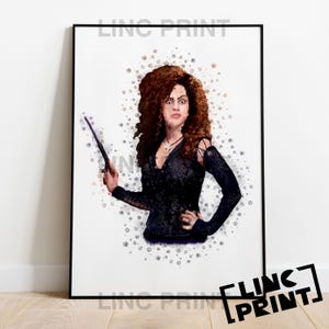 May include: A framed art print depicting a character with auburn curly hair, wearing a black dress and holding a wand. The print has a white background with a splatter effect. The print is framed in black.