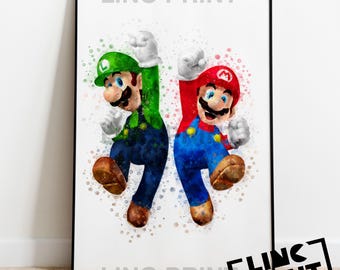 Gaming Print 'MARIO AND LUIGI' Mario Splash Style Watercolour Art, Gaming Super Mario Character, Childrens Decor, Poster, A5, A4 & A3 Sizes
