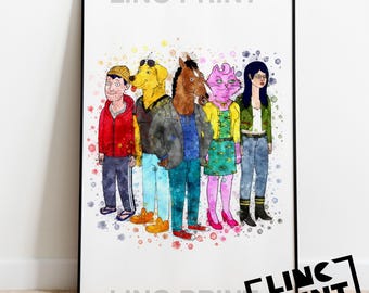 Bojack Horseman Print 'Bojack Horseman Group' character Splash Style Watercolour Art, Home Decor, tv show Poster, A5, A4 & A3 sizes