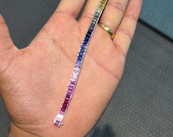 Rainbow Baguette Tennis Bracelet for Women,Multicolor Sapphire Bracelet, Statement Jewelry ,Multicolor Rainbow Tennis Bracelet ,Gift for Her