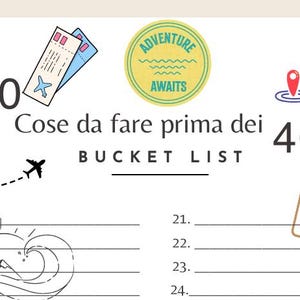 Può includere: Una lista dei desideri bianca con il testo "Cose da fare prima dei 40" e "BUCKET LIST". La lista include illustrazioni di un aereo, biglietti, un segnaposto, una casa, una lampadina e un documento. Il numero "40" è ben visibile.