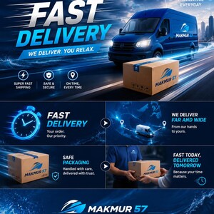 May include: A promotional graphic for Makmur 57 featuring a blue delivery van, cardboard shipping boxes with the company logo, and text including Fast Delivery, Delivering Excellence Everyday, Super Fast Shipping, Safe & Secure, and On Time.