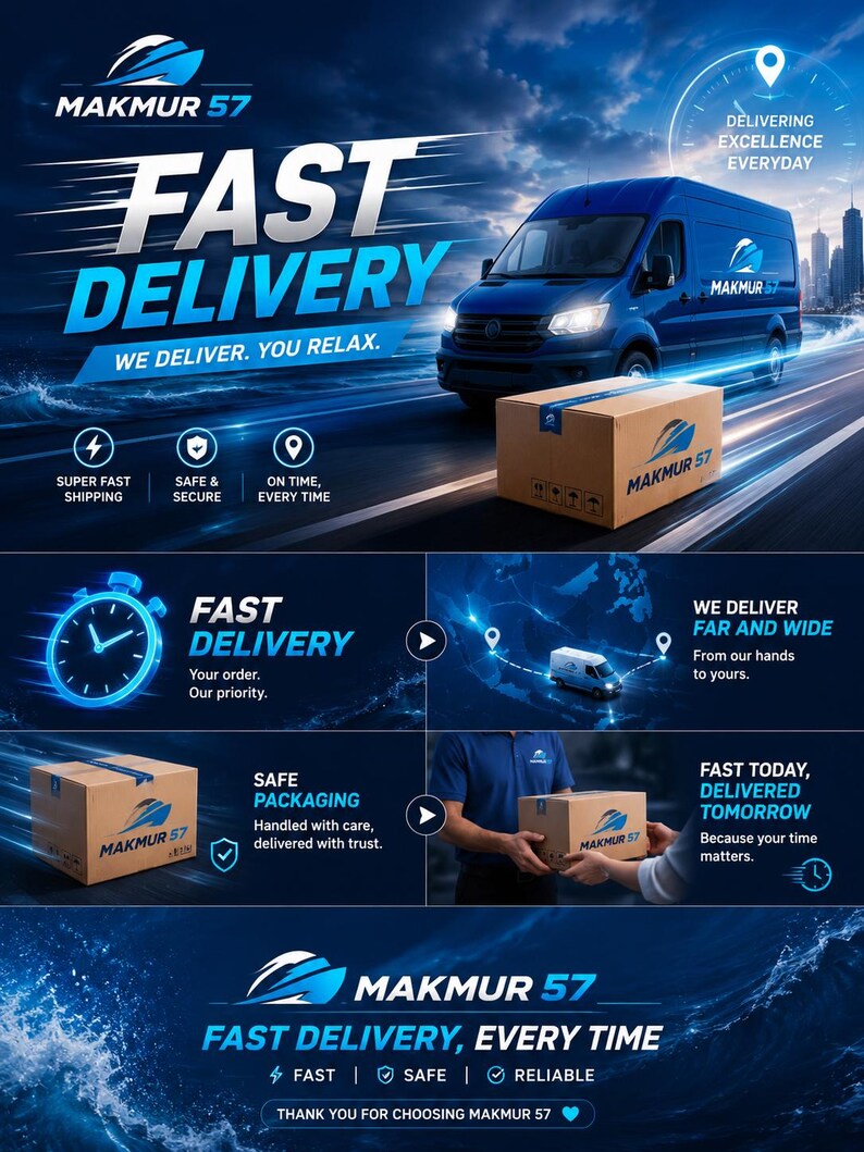 May include: A promotional graphic for Makmur 57 featuring a blue delivery van, cardboard shipping boxes with the company logo, and text including Fast Delivery, Delivering Excellence Everyday, Super Fast Shipping, Safe & Secure, and On Time.