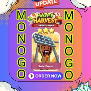 May include: A digital game graphic for Happy Harvest with Looney Tunes featuring a character holding a solar panel above their head. The text reads NEW! UPDATE, MONOGO, Solar Power, and ORDER NOW. The design includes three yellow stars and a purple background.