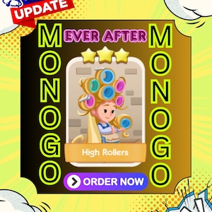 Puede incluir: Gráfico de dibujos animados con el texto "EVER AFTER MONOGO" y "High Rollers". La imagen presenta un personaje de dibujos animados con rulos en el pelo. También hay una pancarta "NEW! UPDATE" y un botón "ORDER NOW".