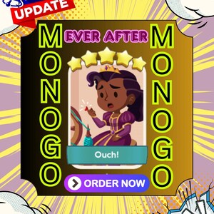 May include: A promotional graphic for "Ever After Monogo" features a cartoon princess with a crown, reacting to a needle prick. The image includes the text "Ouch!" and "Order Now," set against a comic book style background with a "New! Update" banner.