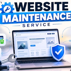 Puede incluir: Un portátil que muestra una interfaz de sitio web con el texto WEBSITE MAINTENANCE SERVICE encima. Son visibles iconos de copia de seguridad en la nube, WordPress y velocidad, junto a un escudo azul y dos llaves inglesas.
