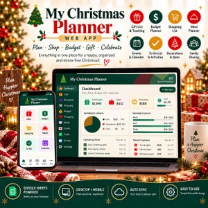 May include: A digital My Christmas Planner web app displayed on a laptop screen and a smartphone. The interface features a dashboard with budget tracking, gift lists, shopping lists, meal planning, event calendars, and to-do lists with a green and white colour scheme.