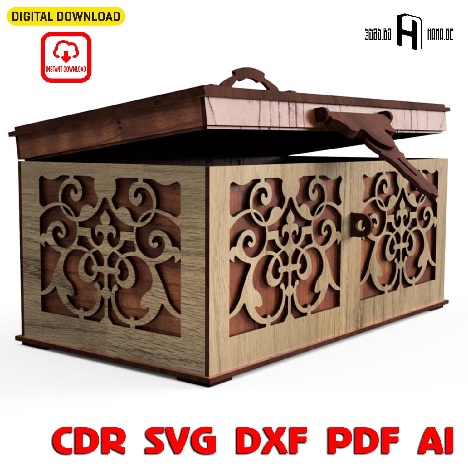 Laser Cut Decorative Jewerly Storage Box – Digital Download Wooden Keepsake Box with Handle | DIY Laser Cutting Files