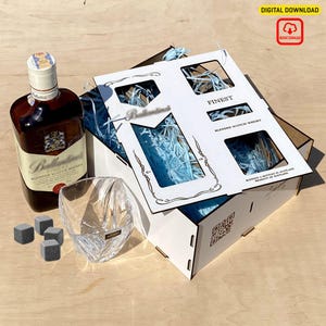 DIY Whiskey Lover&#39;s Gift Set Design Customizable Laser Cut File for Bottle, Glasses & Ice Rocks | Whiskey Enthusiast&#39;s Dream Wooden Gift Box