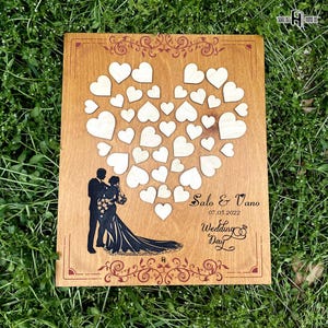 Libro de firmas de boda de madera personalizado con corazones – 49 x 39 cm, tablero de firma grabado a láser