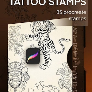 Puede incluir: Un producto de arte digital con 35 sellos de tatuajes japoneses. La portada muestra una ilustración de tigre en blanco y negro, con otros dibujos de estilo japonés. El texto dice "35 JAPANESE TATTOO STAMPS" y "35 procreate stamps".
