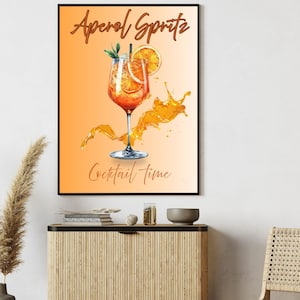 Póster de cóctel Aperol Spritz, arte mural imprimible digital, decoración de pared de cocina, decoración moderna del hogar, arte de bar, póster naranja de verano