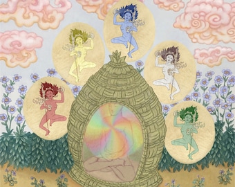 Yogi in Retreat with Five Dakinis ~ Tibetan Buddhist Giclee Print