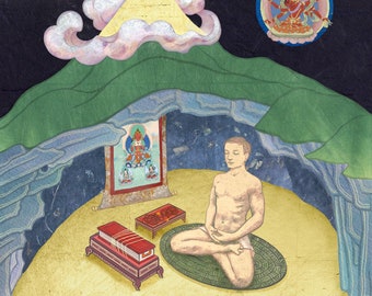 Retreat Cave Giclee Print: Meditating Figure, Spiritual Art, Buddhism