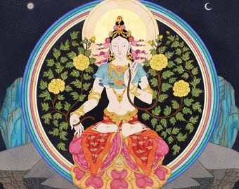 White Tara with Yellow Lotus Flowers ~ Tibetan Buddhist Deity Giclee Print