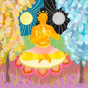 May include: An illustration of a meditating figure in a lotus position, surrounded by stylized trees and suns. The figure is golden, wearing a pink skirt and a necklace. The background features a split design with blue, green, and black elements.