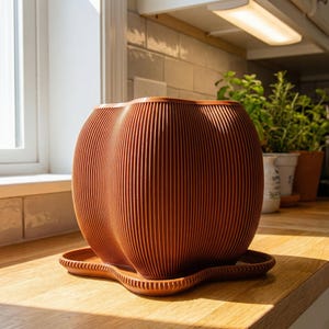 Terracotta Japandi Ribbed Planter with Drip Tray – 3D Printed Textured Plant Pot, Boho Home Decor Gift