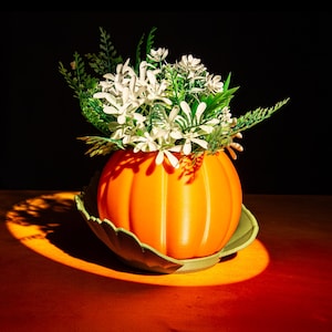 May include: An orange pumpkin-shaped ceramic vase filled with white flowers and green foliage. The vase sits on a green, leaf-shaped saucer. The arrangement is illuminated by a spotlight against a dark background.