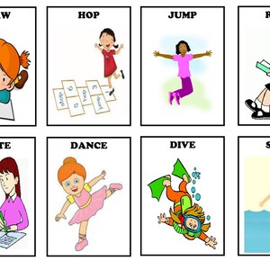 May include: Eight illustrated cards with children performing actions. The cards show the words: DRAW, HOP, JUMP, READ, WRITE, DANCE, DIVE, and SWIM. Each card features a cartoon child demonstrating the action.
