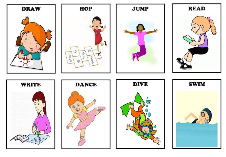 May include: Eight illustrated cards with children performing actions. The cards show the words: DRAW, HOP, JUMP, READ, WRITE, DANCE, DIVE, and SWIM. Each card features a cartoon child demonstrating the action.