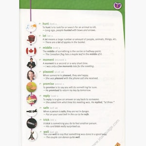 May include: Educational page from a textbook with vocabulary words and definitions. Includes illustrations and examples for words like "hunt," "lot," "middle," and "moment." The page is designed for language learning.
