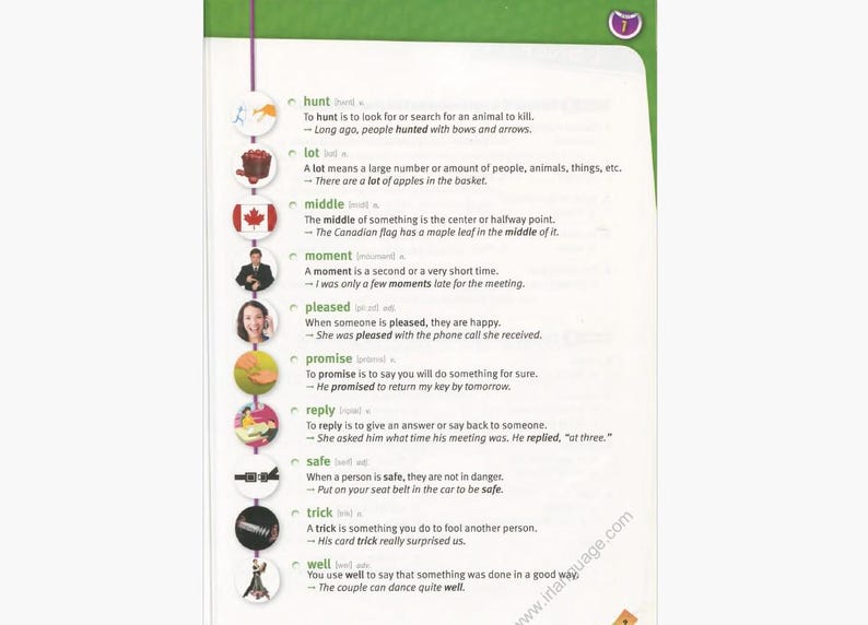 May include: Educational page from a textbook with vocabulary words and definitions. Includes illustrations and examples for words like "hunt," "lot," "middle," and "moment." The page is designed for language learning.