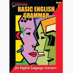 May include: A book cover for "Basic English Grammar" for English language learners. The cover features an abstract design of two faces in shades of purple, green, and orange, with black outlines. The title is in yellow and the book number is in red.