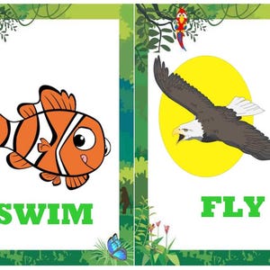 May include: Two educational flashcards with jungle-themed borders. One card features an orange and white cartoon fish with the word "SWIM" in green. The other card shows a flying eagle in front of a yellow sun with the word "FLY" in green.