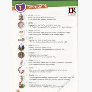 May include: A page from a vocabulary word list book. The top of the page has the words "Word List" and "1". The words include "afraid", "agree", "angry", "arrive", "attack", "bottom", "clever", "cruel", "finally", and "hide".