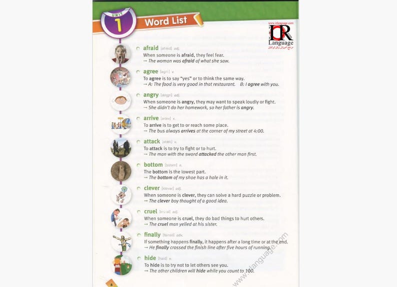 May include: A page from a vocabulary word list book. The top of the page has the words "Word List" and "1". The words include "afraid", "agree", "angry", "arrive", "attack", "bottom", "clever", "cruel", "finally", and "hide".