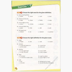 May include: A page from an exercise book with the title "Exercise 1" at the top. The page is divided into two parts, Part A and Part B, each containing multiple-choice questions with definitions and word meanings.