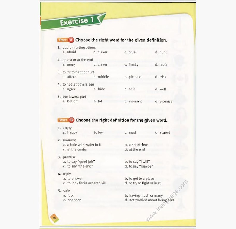 May include: A page from an exercise book with the title "Exercise 1" at the top. The page is divided into two parts, Part A and Part B, each containing multiple-choice questions with definitions and word meanings.