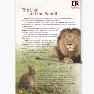 May include: A children's book page featuring the story "The Lion and the Rabbit." The illustration shows a lion, a rabbit, and text. The lion is brown with a large mane, and the rabbit is gray. The text is in English.