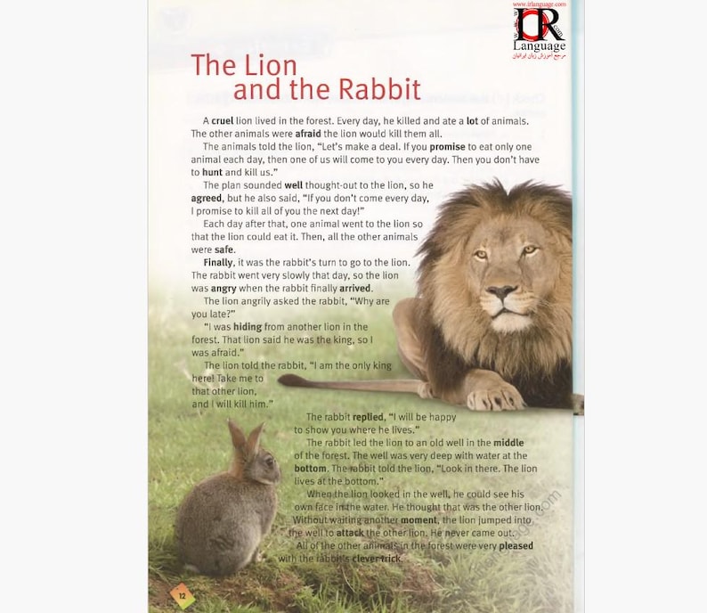 May include: A children's book page featuring the story "The Lion and the Rabbit." The illustration shows a lion, a rabbit, and text. The lion is brown with a large mane, and the rabbit is gray. The text is in English.