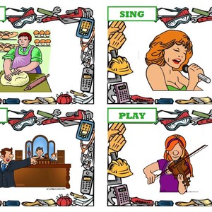 May include: Four illustrated cards with the words KNEAD, SING, TALK, and PLAY. Each card features a person performing the action. The cards are framed with tools, a hard hat, and a calculator.