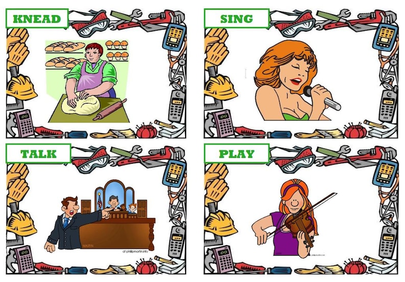 May include: Four illustrated cards with the words KNEAD, SING, TALK, and PLAY. Each card features a person performing the action. The cards are framed with tools, a hard hat, and a calculator.
