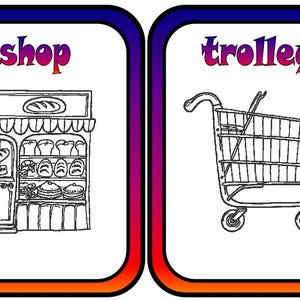 May include: Two illustrated cards with a white background and a colorful border. One card shows a bakery with the word "shop" above it. The other card shows a shopping cart with the word "trolley" above it.