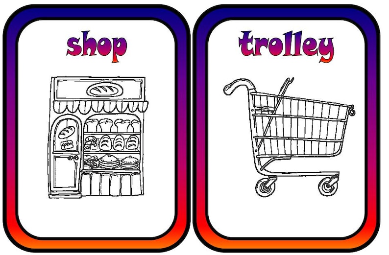 May include: Two illustrated cards with a white background and a colorful border. One card shows a bakery with the word "shop" above it. The other card shows a shopping cart with the word "trolley" above it.