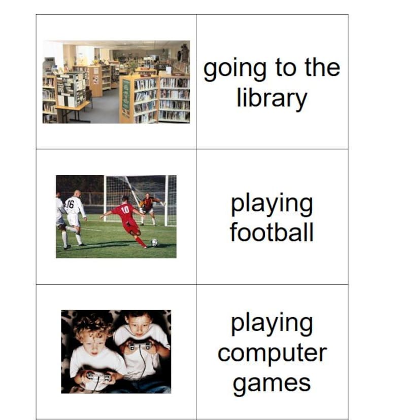 May include: A collage of three images with text. The top image shows a library with the text "going to the library". The middle image shows a soccer game with the text "playing football". The bottom image shows two children playing video games with the text "playing computer games".