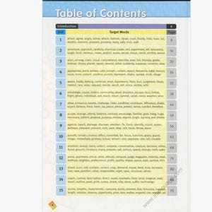 May include: A page from a textbook titled "Table of Contents." The table lists units, target words, and page numbers. The text is in black font on a white background.