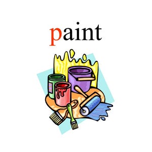 May include: Colorful illustration featuring paint cans, a bucket, paint rollers, and brushes. The word "paint" is written in red and black. The image has a cartoon style, with bright colors and a white background.