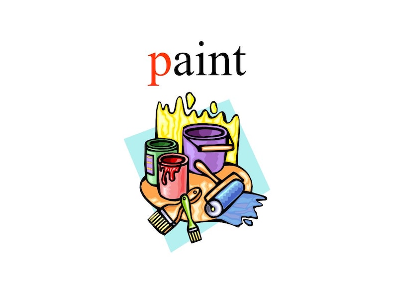 May include: Colorful illustration featuring paint cans, a bucket, paint rollers, and brushes. The word "paint" is written in red and black. The image has a cartoon style, with bright colors and a white background.