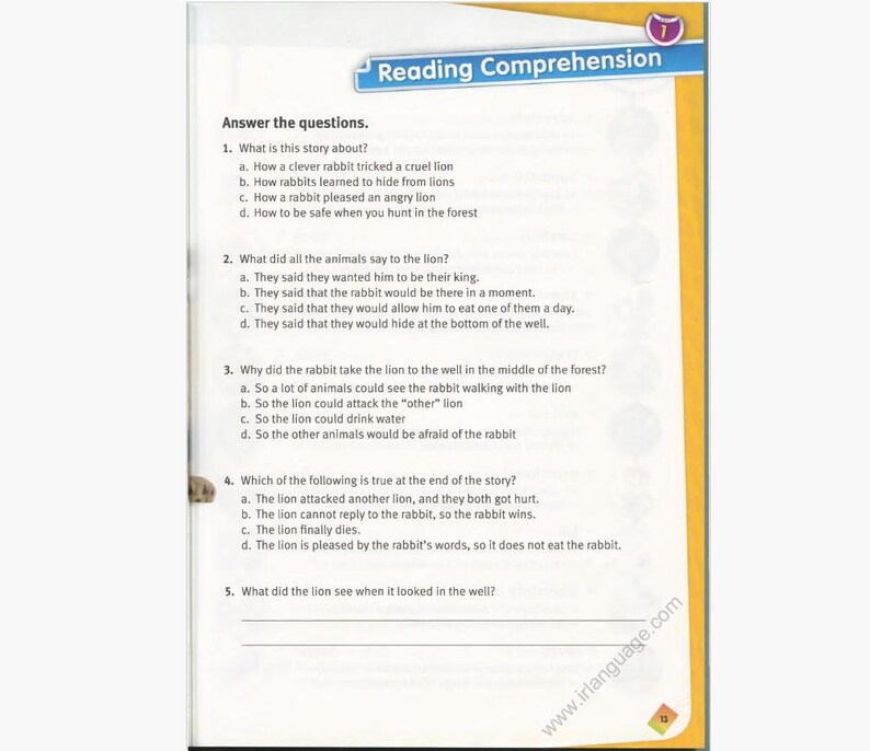 May include: A page from a children's reading comprehension workbook. The page features questions about a story, with multiple-choice answers. The title "Reading Comprehension" is at the top, with the website address at the bottom.