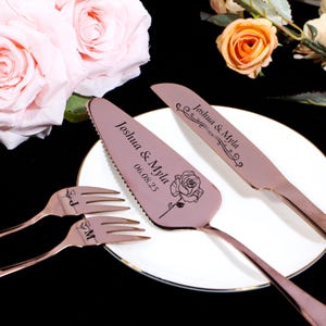 Engraved Wedding Cake Cutting Set: Stainless Steel Knife & Forks with Gift Box